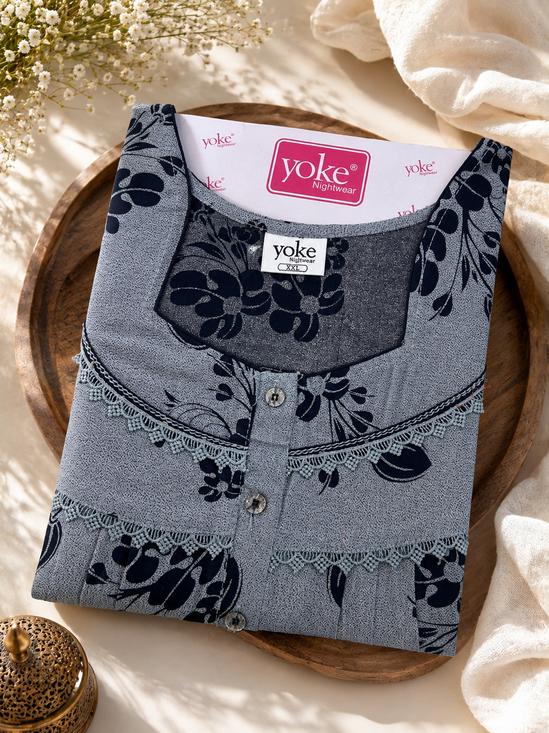Alpine Fabric Navy Blue & Grey Floral Printed Lace-Detail Nightwear | Regular Fit XXL