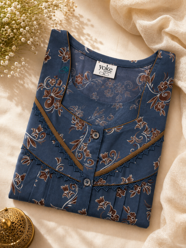 Navy Blue Floral Alpine Fabric Pleated Nightwear | Front & Back Pleats | XL