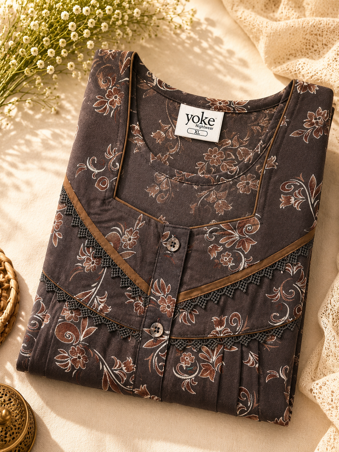 Chocolate Brown Floral Printed Alpine Fabric Pleated Nightwear | Front & Back Pleats | XL