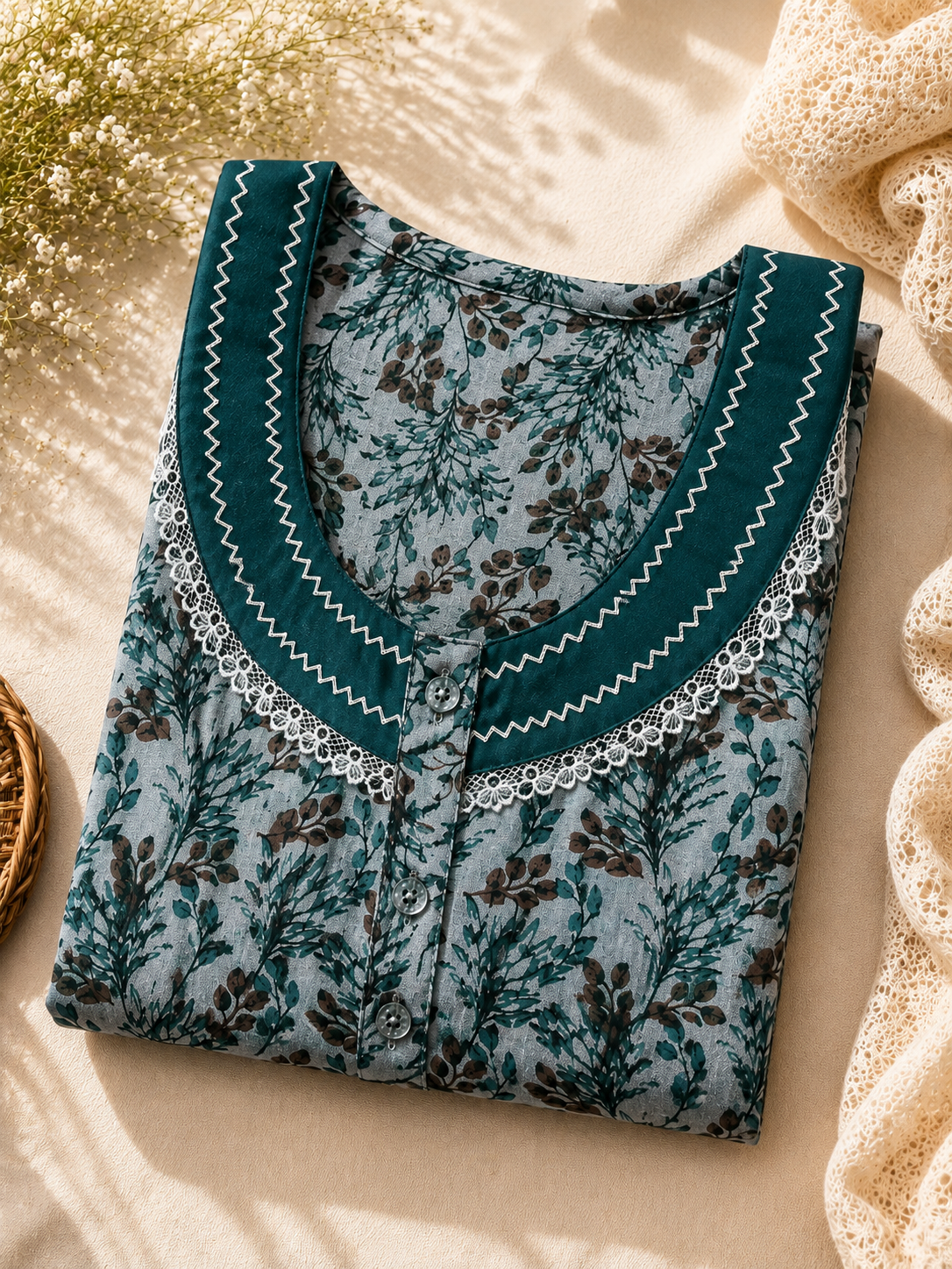 Grey & Teal Floral Spun Fabric A-Line Nightwear | Lace Detail | XXL