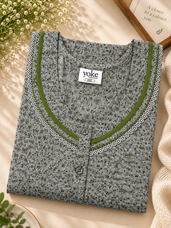 Grey & Olive Floral Spun Fabric A-Line Nightwear | Unpleated | XXL