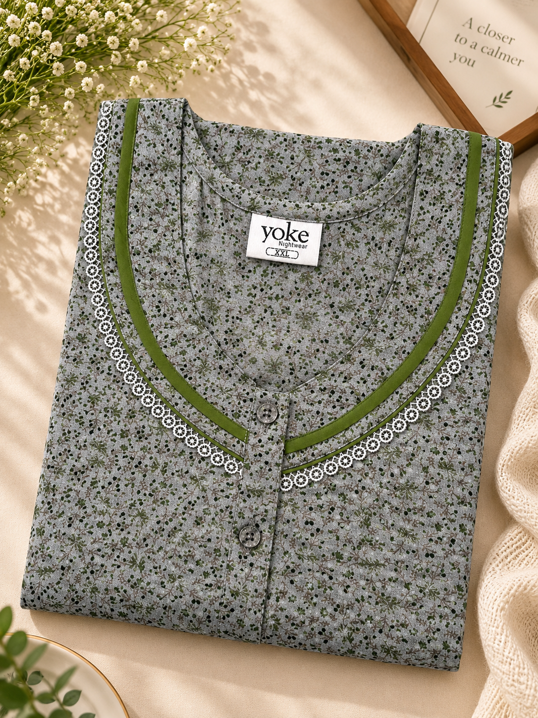Grey & Olive Floral Spun Fabric A-Line Nightwear | Unpleated | XXL