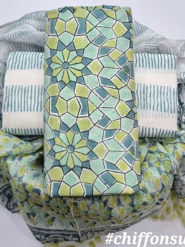 Hand Block Printed Cotton Suit Set with Pure Chiffon Dupatta