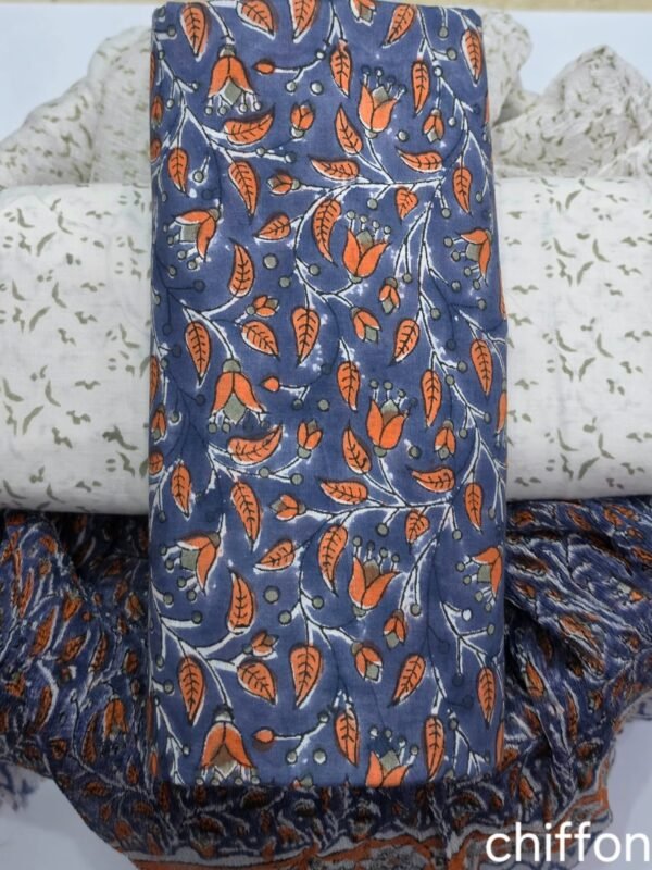 Hand Block Printed Cotton Suit Set with Pure Chiffon Dupatta