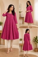 Pink Floral Printed Cotton Umbrella Cut Kurti with Embroidered Neckline | 3/4 Sleeves