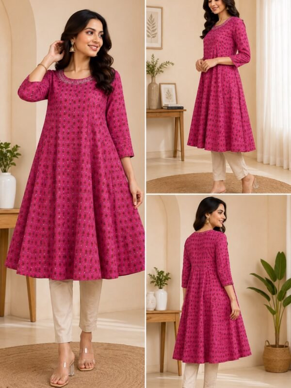 Pink Floral Printed Cotton Umbrella Cut Kurti with Embroidered Neckline | 3/4 Sleeves