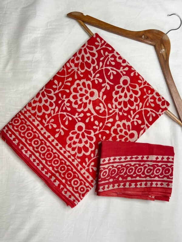 Red & Off-White Hand Block Printed Pure Cotton Mul Saree with Blouse