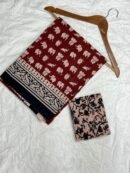 Beautiful Maroon Pure Cotton Mul Saree with traditional black hand block printed border