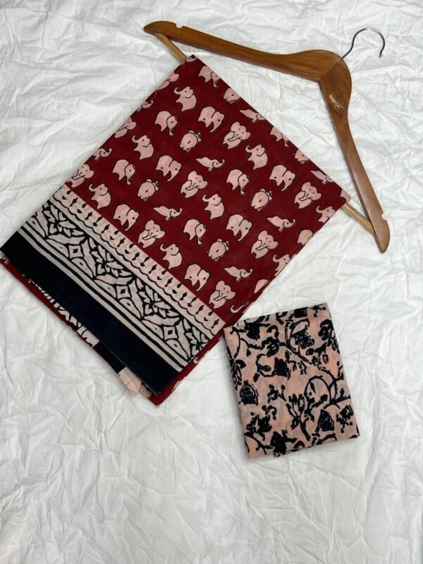 Beautiful Maroon Pure Cotton Mul Saree with traditional black hand block printed border