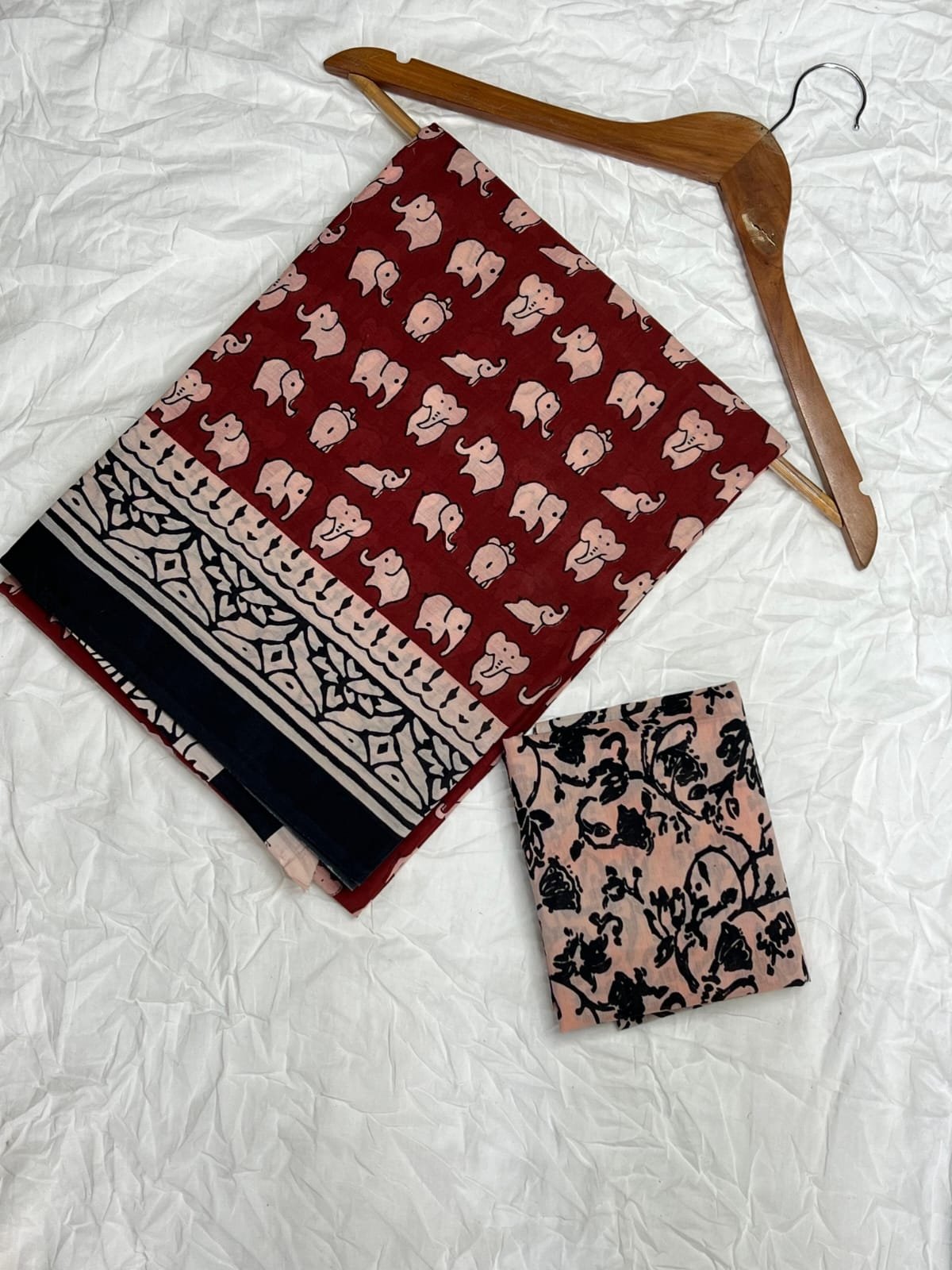 Beautiful Maroon Pure Cotton Mul Saree with traditional black hand block printed border