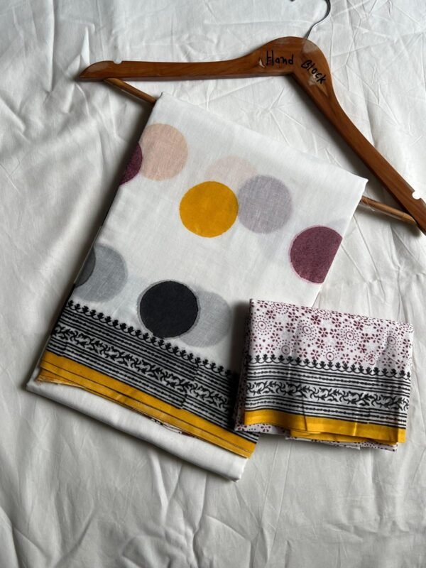 White Hand Block Printed Pure Cotton Saree with Multicolor Dots & Mustard Border