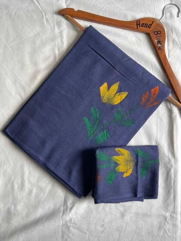 Indigo Blue Hand Block Printed Pure Cotton Saree with Floral Motifs & Blouse