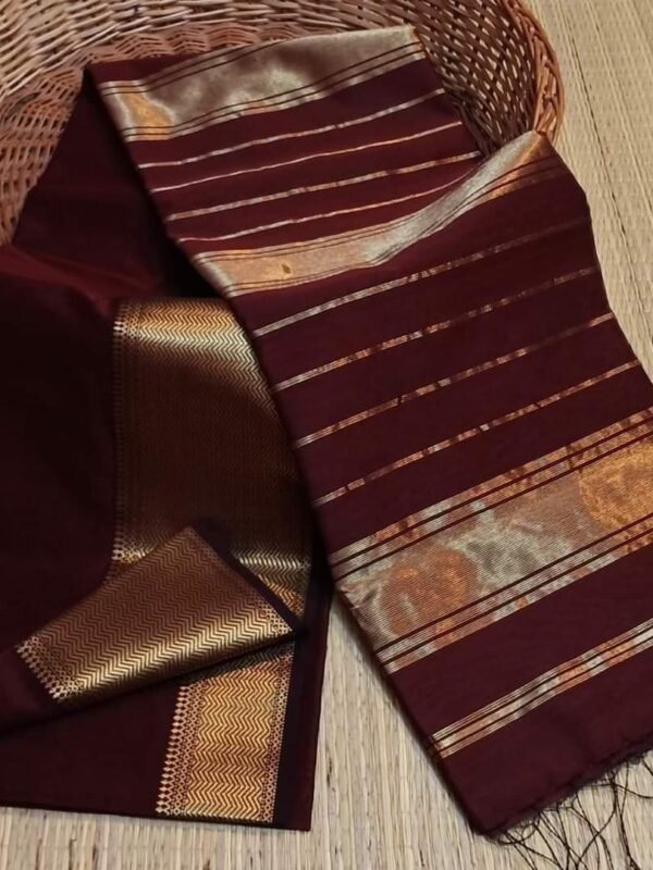 Deep Maroon Maheshwari Handloom Silk Cotton Saree with Golden Zari Border