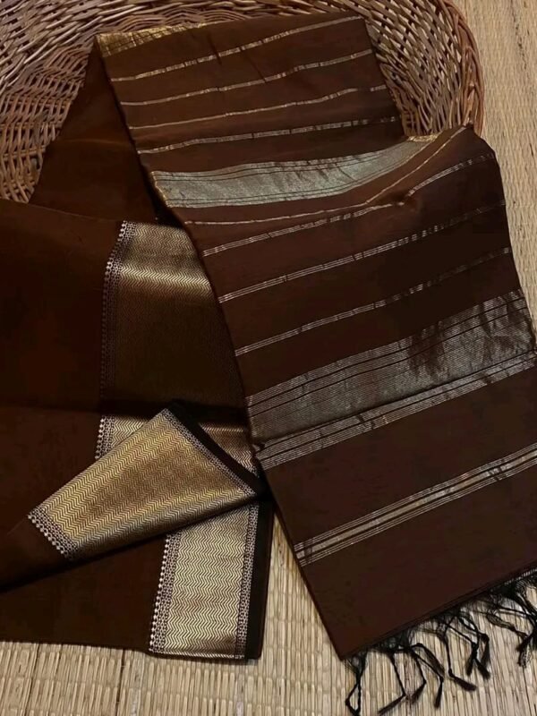 Chocolate Brown Maheshwari Handloom Silk Cotton Saree with Golden Zari Border