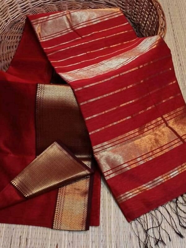 Maroon Red Maheshwari Handloom Silk Cotton Saree with Golden Zari Border