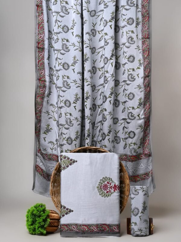White Floral Pure Modal Silk Suit Set with Shantoon Bottom & Modal Dupatta