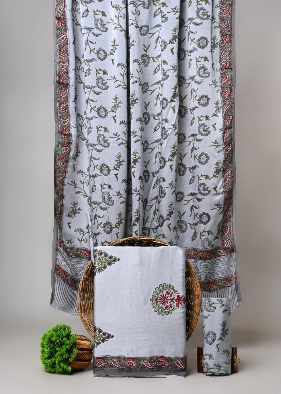 White Floral Pure Modal Silk Suit Set with Shantoon Bottom & Modal Dupatta