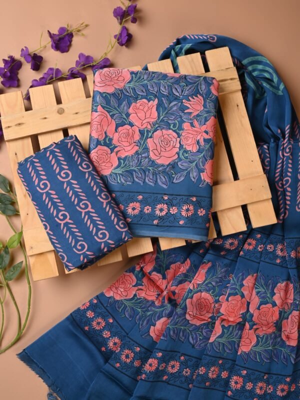 Navy Blue Pure Modal Silk Suit Set with Coral Pink Floral Print | Shantoon Bottom & Modal Dupatta