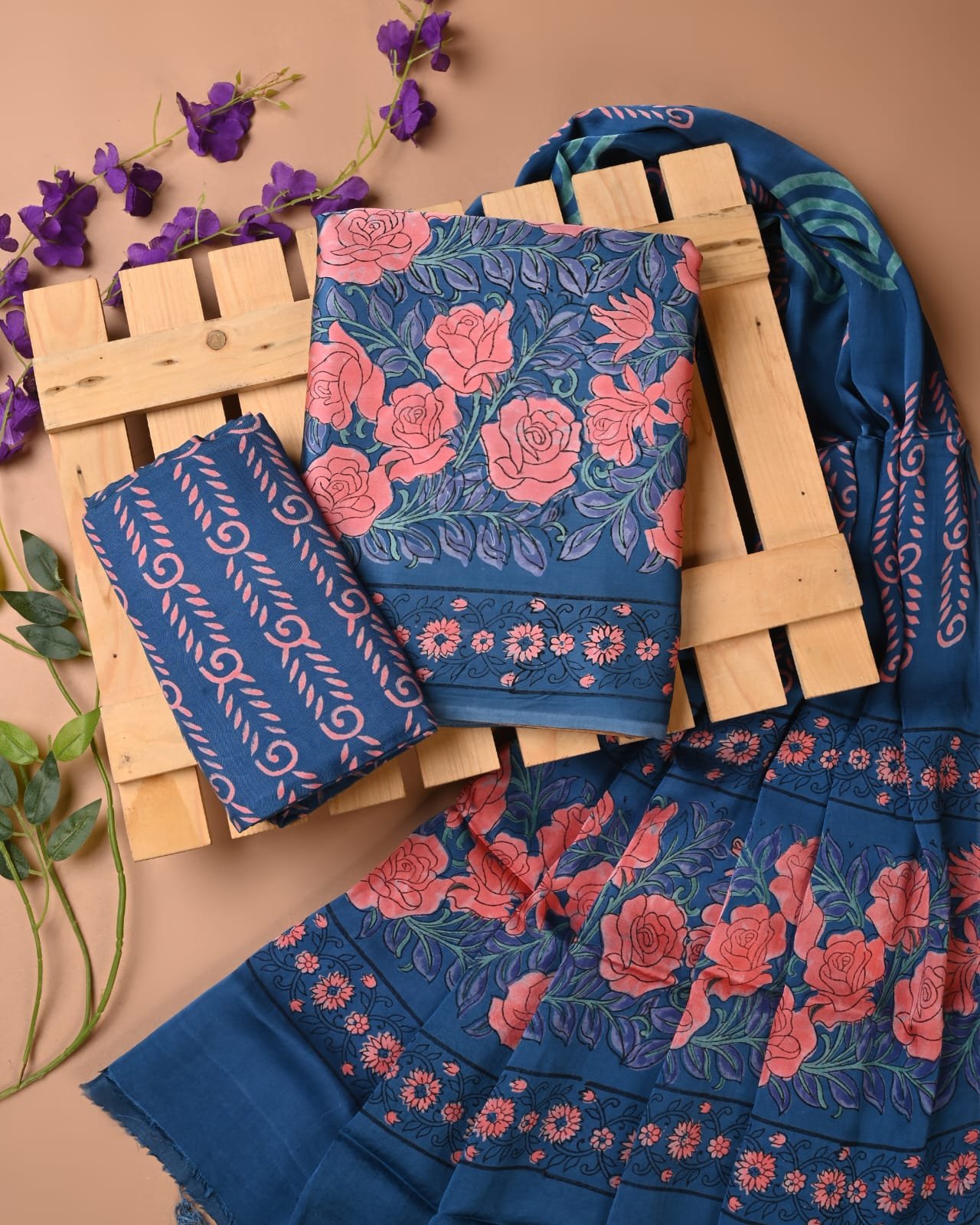 Navy Blue Pure Modal Silk Suit Set with Coral Pink Floral Print | Shantoon Bottom & Modal Dupatta