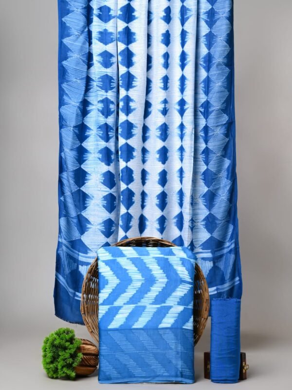 Royal Blue & White Shibori Printed Cotton Suit Set | Designer Printed Top, Bottom & Dupatta
