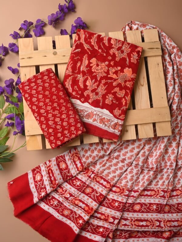 Red & White Floral Pure Modal Silk Suit Set | Traditional Printed Border