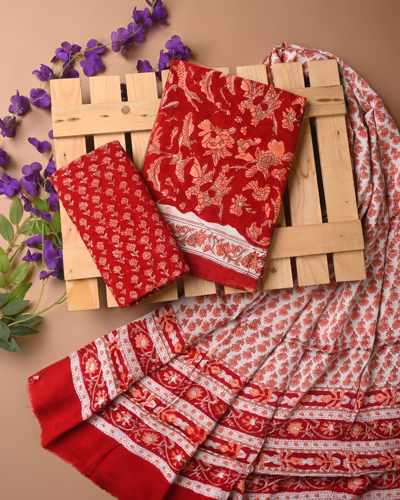 Red & White Floral Pure Modal Silk Suit Set | Traditional Printed Border