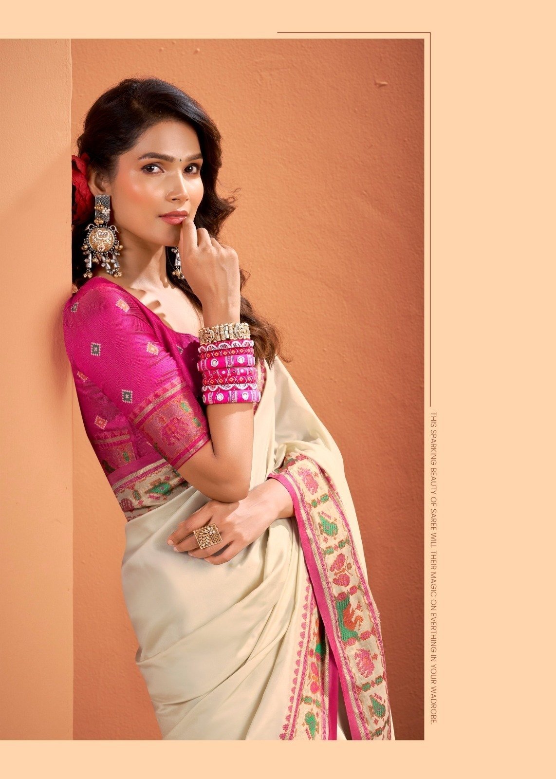 Ivory White Patola Silk Saree with Pink Multicolor Traditional Border - Image 4
