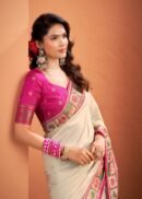 Ivory White Patola Silk Saree with Pink Multicolor Traditional Border