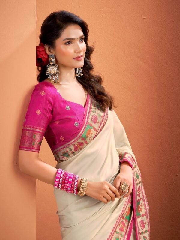 Ivory White Patola Silk Saree with Pink Multicolor Traditional Border