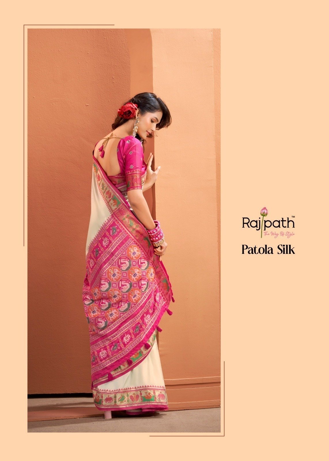 Ivory White Patola Silk Saree with Pink Multicolor Traditional Border - Image 2