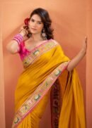 Mustard Yellow Patola Silk Saree with Pink Multicolor Designer Border