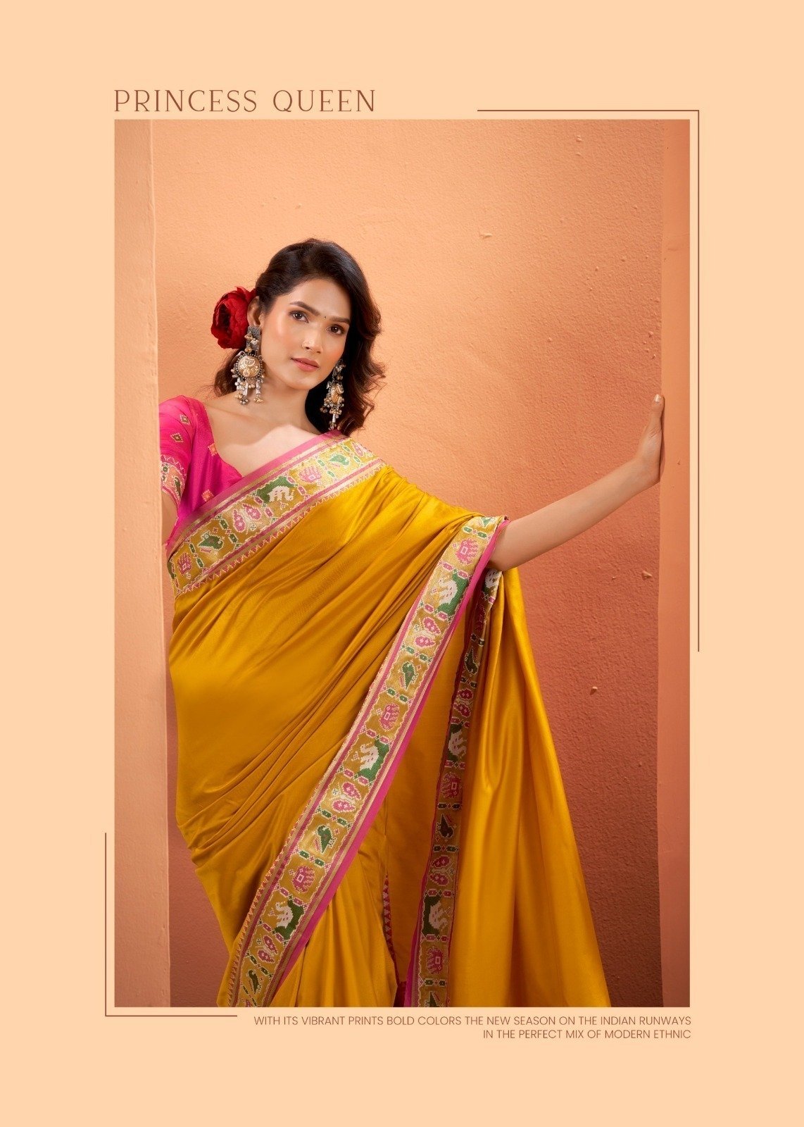 Mustard Yellow Patola Silk Saree with Pink Multicolor Designer Border - Image 3