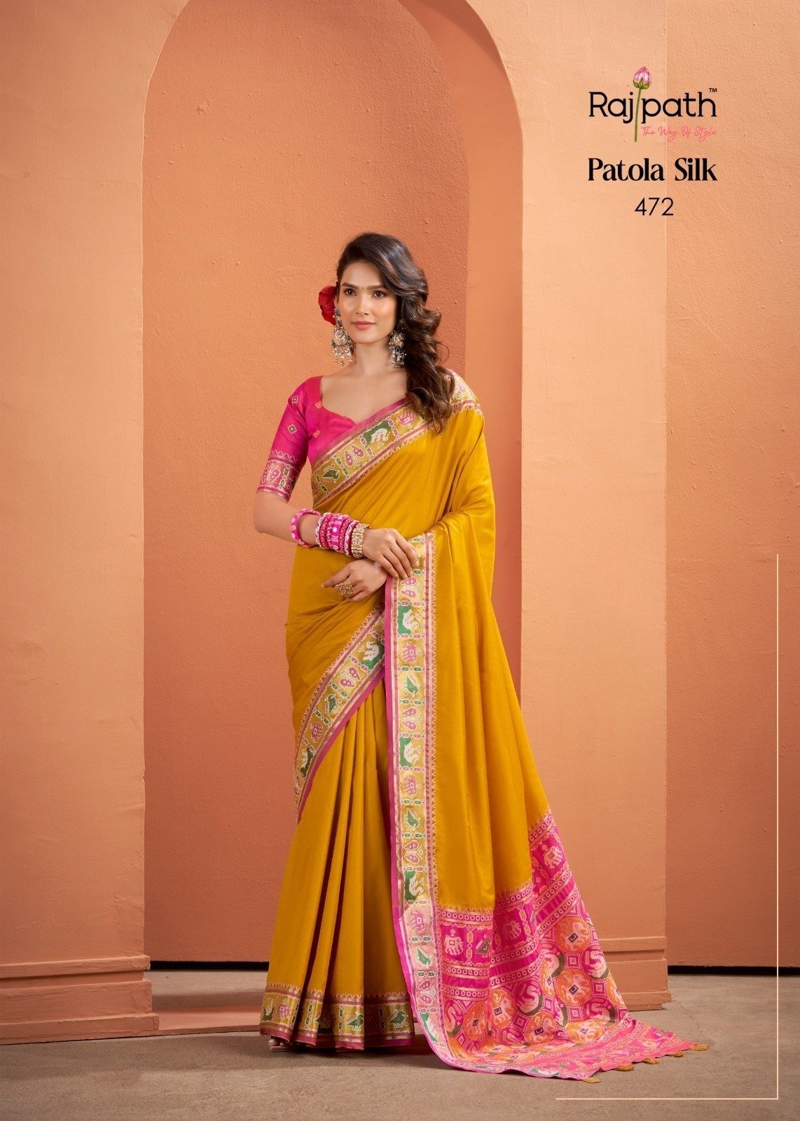 Mustard Yellow Patola Silk Saree with Pink Multicolor Designer Border - Image 4