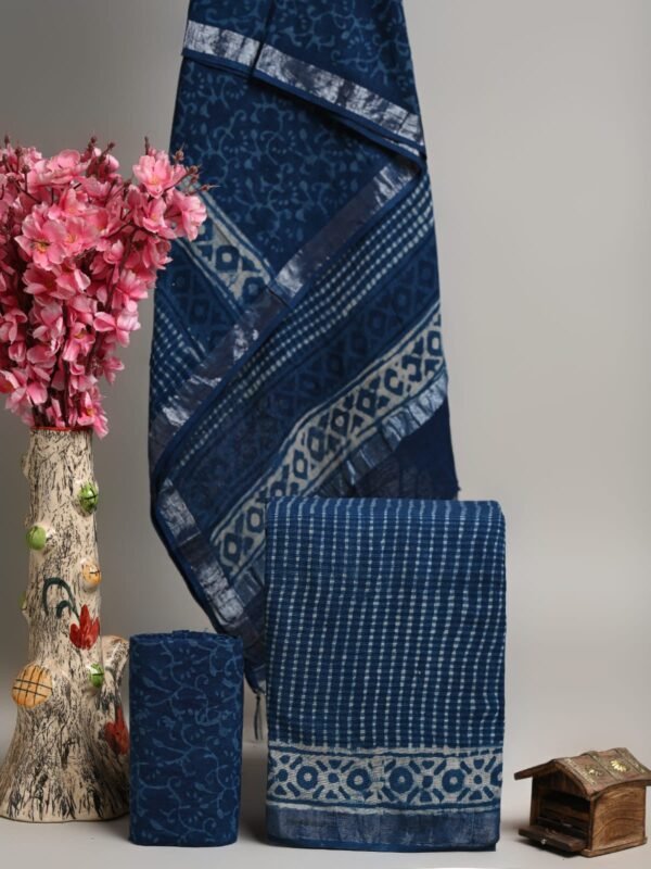 Indigo Blue Hand Block Printed Linen Cotton Suit Set | Traditional Ajrakh Print with Silver Border