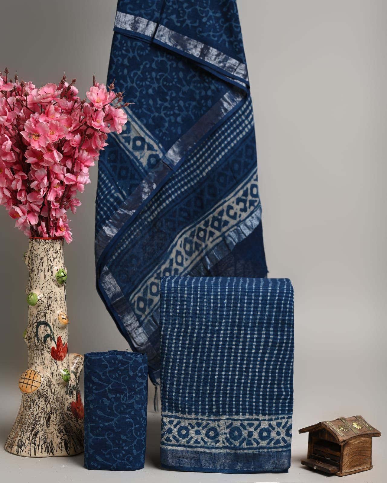 Indigo Blue Hand Block Printed Linen Cotton Suit Set | Traditional Ajrakh Print with Silver Border