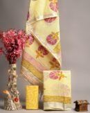 Lemon Yellow Floral Hand Block Printed  Linen Cotton Suit Set | Silver Border