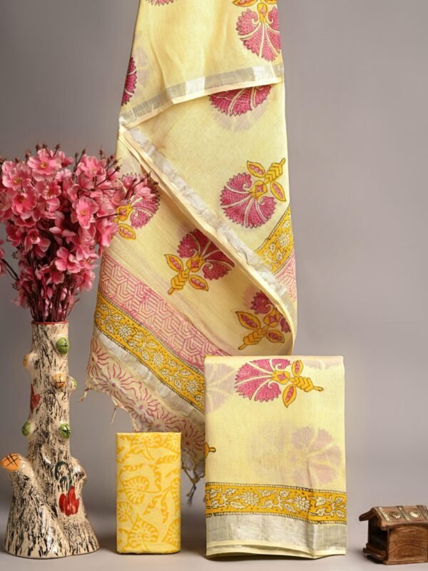 Lemon Yellow Floral Hand Block Printed  Linen Cotton Suit Set | Silver Border