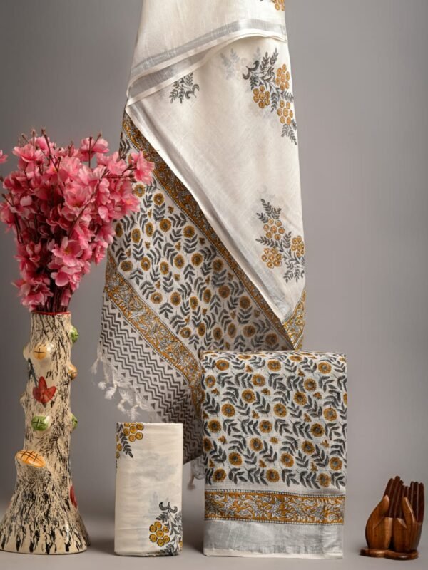 Bagru Hand Block Printed Linen Cotton Suit Set | Ivory & Mustard Floral with Silver Border