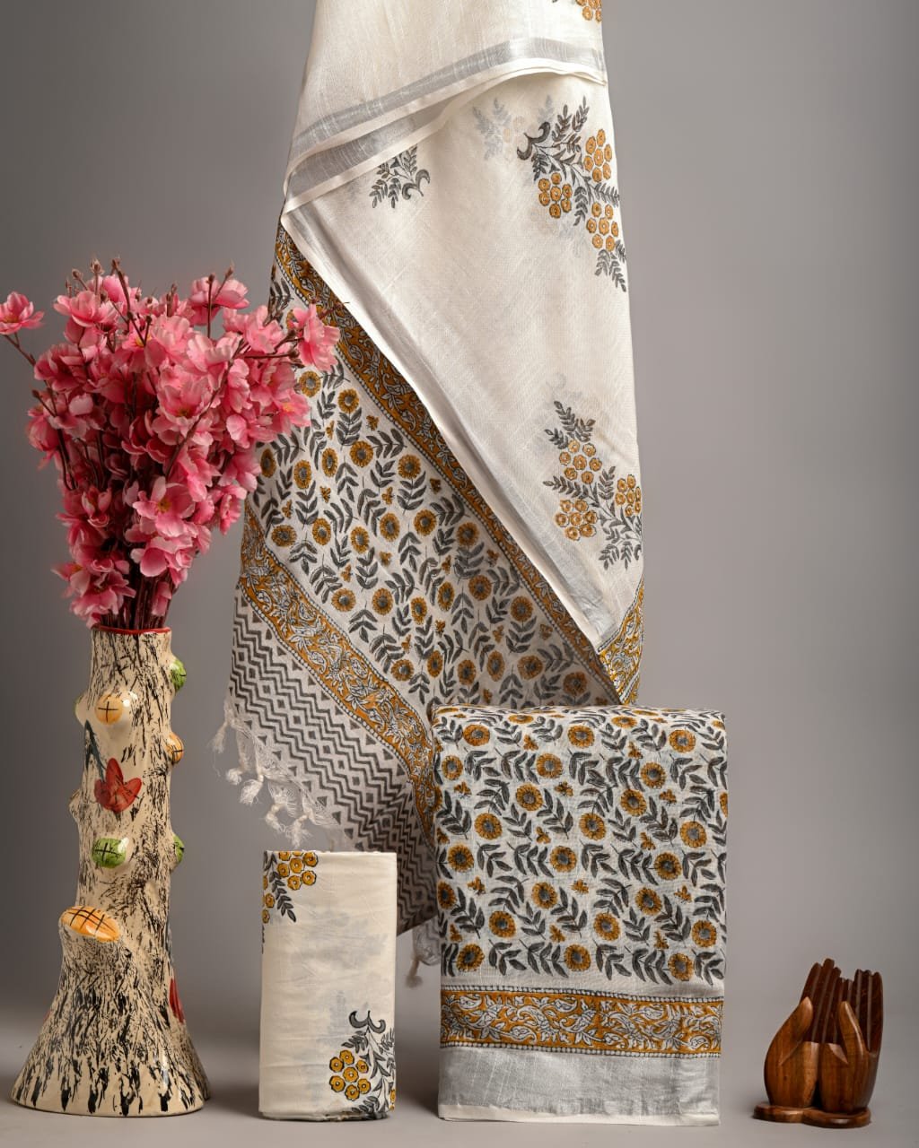 Bagru Hand Block Printed Linen Cotton Suit Set | Ivory & Mustard Floral with Silver Border