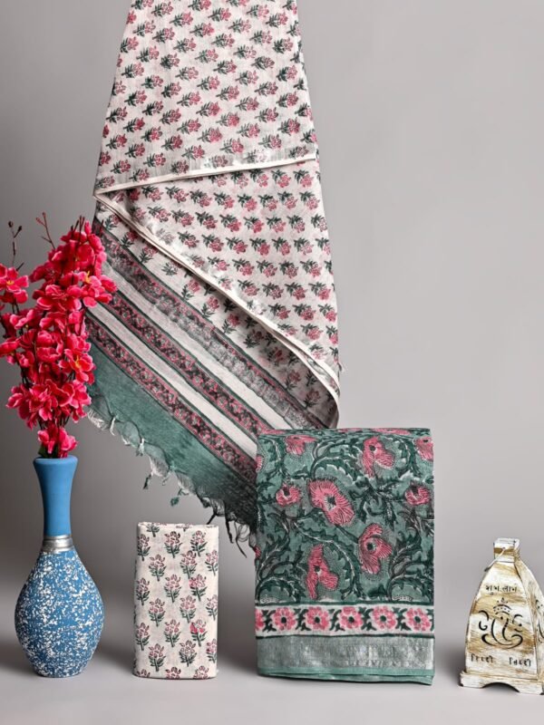 Bagru Hand Block Printed Linen Cotton Salwar Suit Set | Floral Print with Silver Border