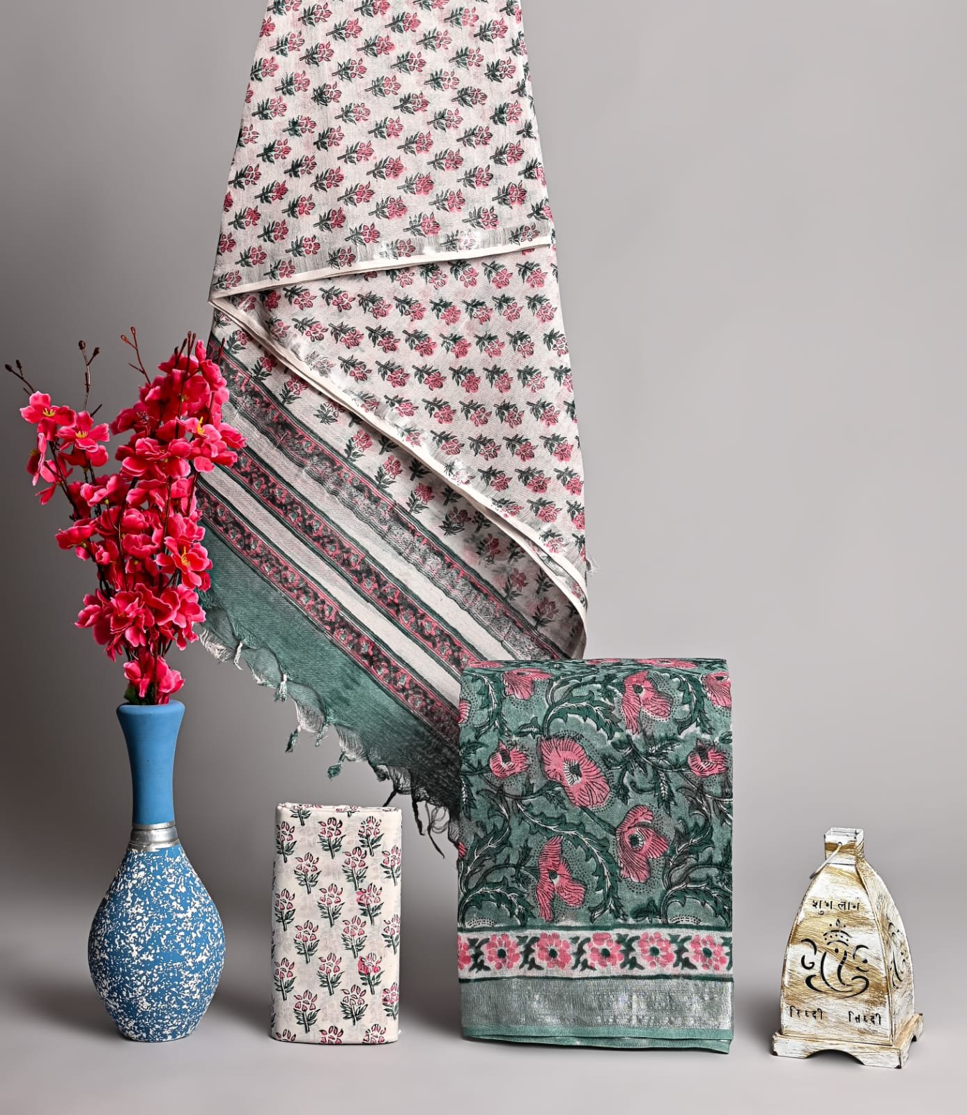 Bagru Hand Block Printed Linen Cotton Salwar Suit Set | Floral Print with Silver Border