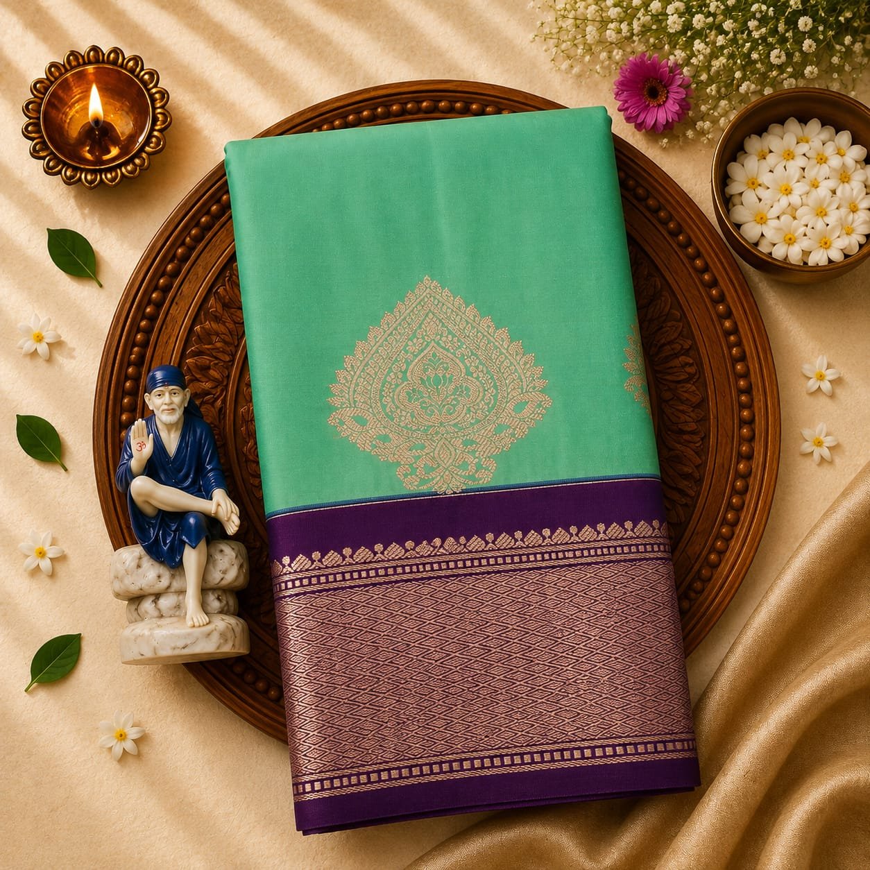 Luxury Korvai Soft Silk Saree with Rich Pallu & Contrast Puttas Border | Contrast Blouse - Image 4