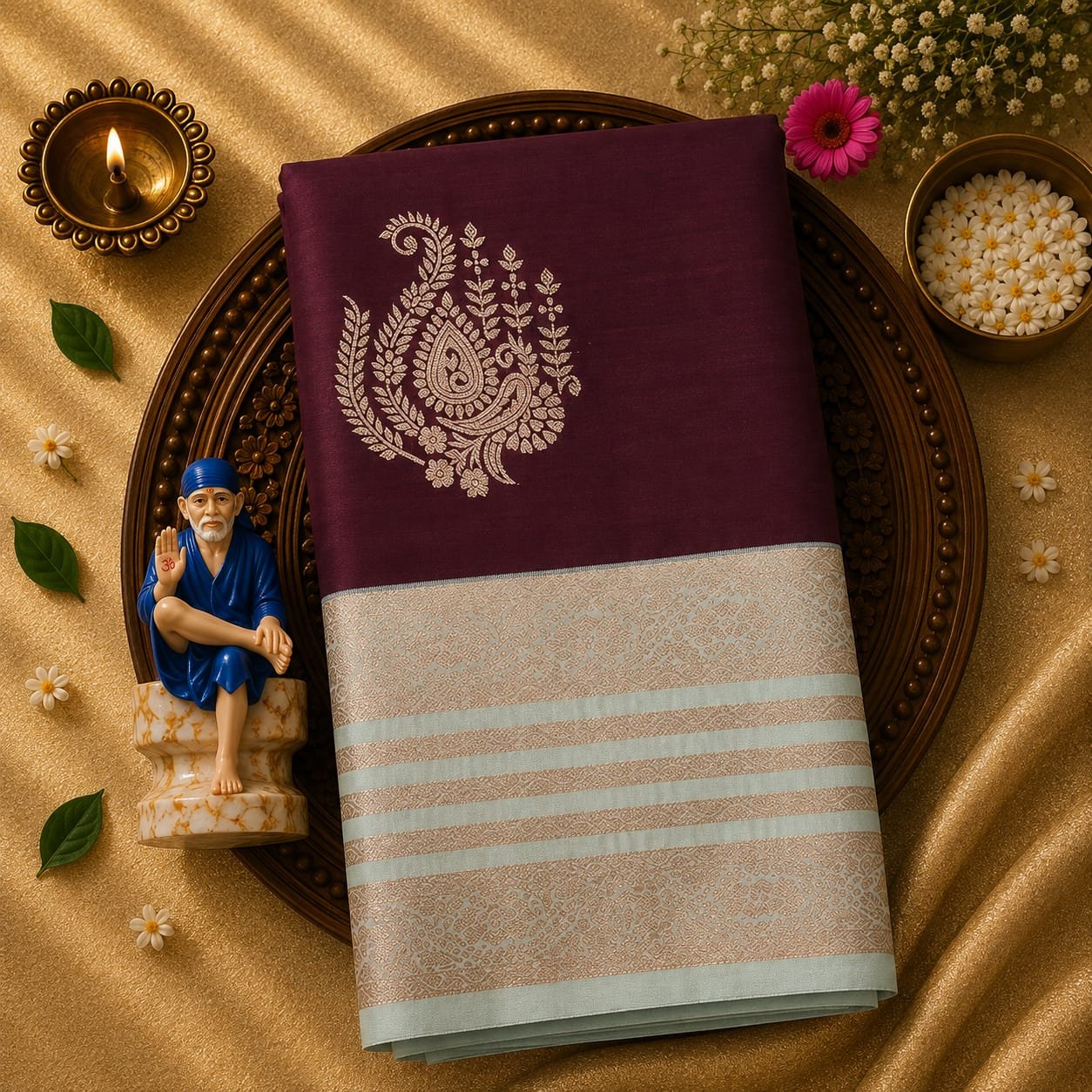 Luxury Korvai Soft Silk Saree with Rich Pallu & Contrast Puttas Border | Contrast Blouse - Image 12