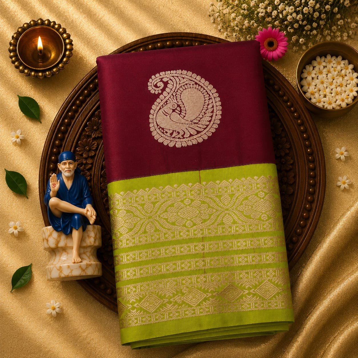 Luxury Korvai Soft Silk Saree with Rich Pallu & Contrast Puttas Border | Contrast Blouse - Image 9