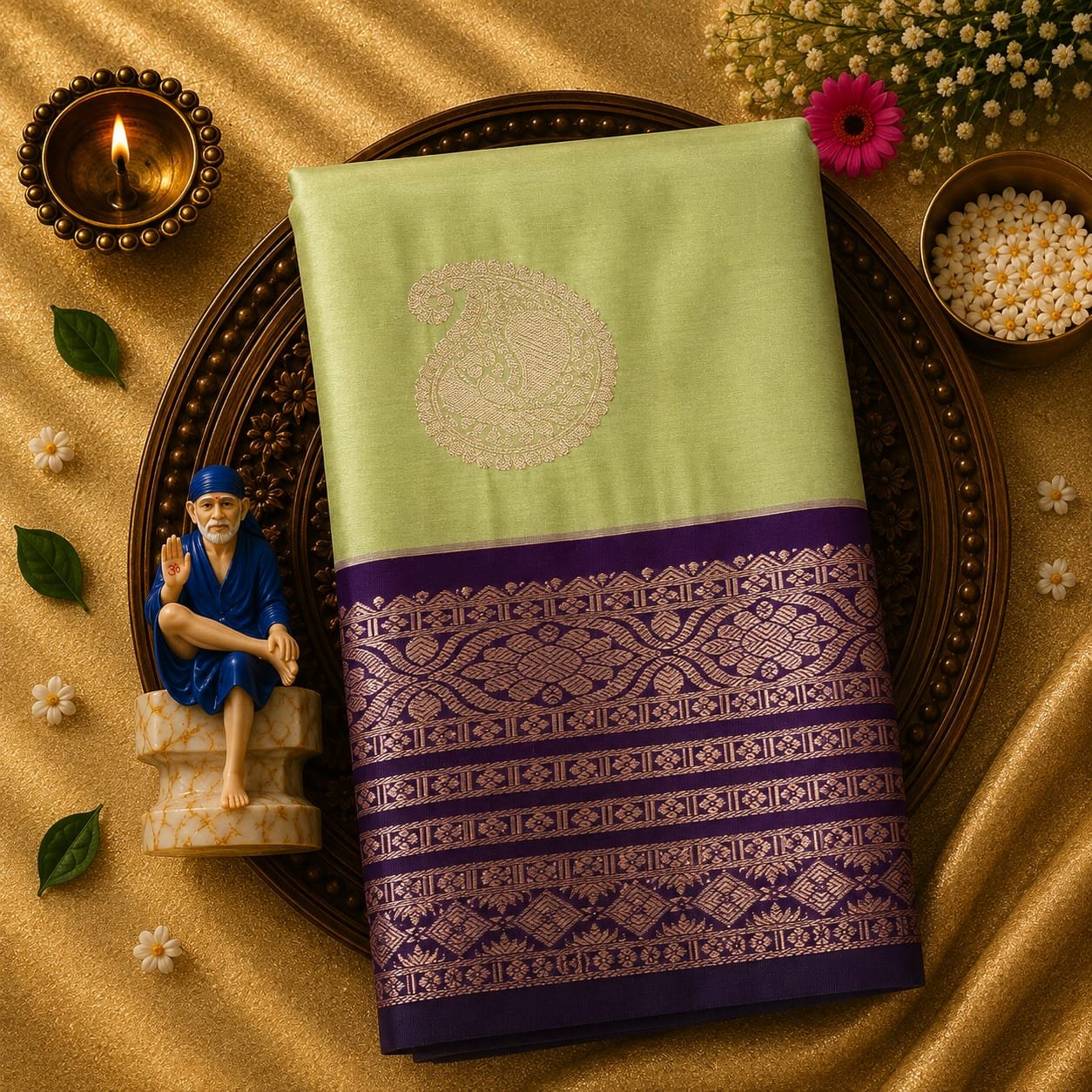 Luxury Korvai Soft Silk Saree with Rich Pallu & Contrast Puttas Border | Contrast Blouse - Image 15