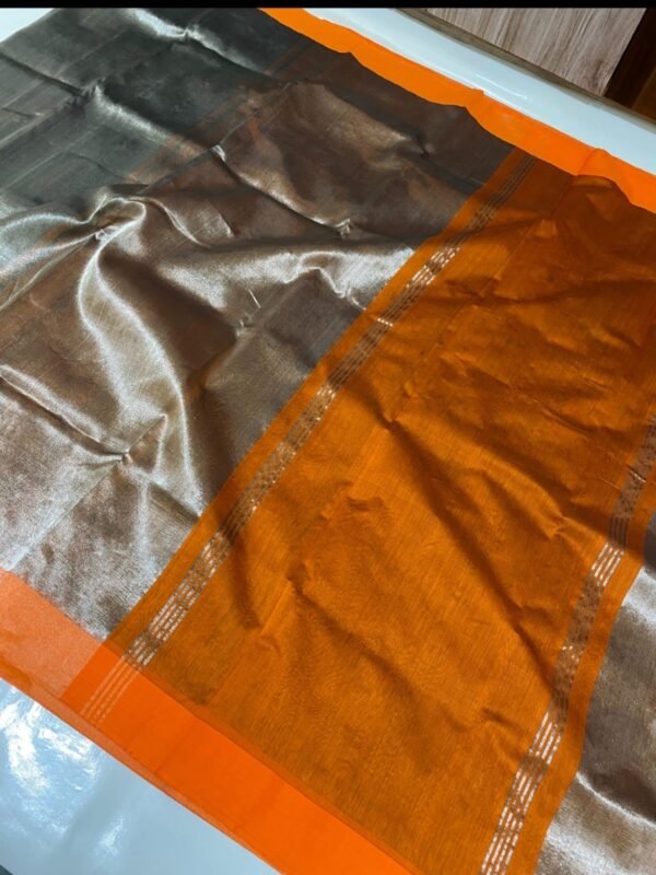 Pure Handwoven Chanderi Silk Tissue Saree with Silver & Golden Zari | Contrast Silk Pallu