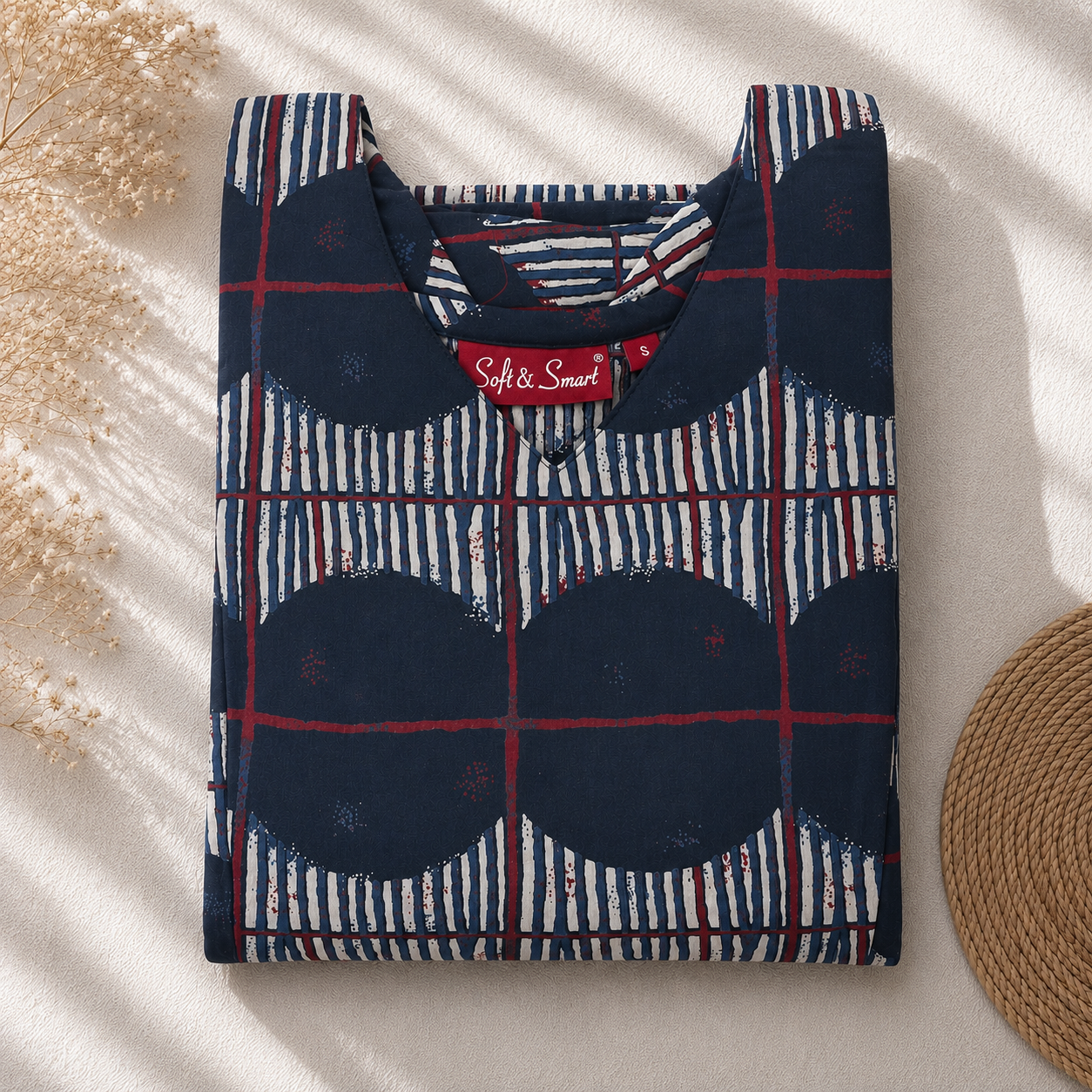 Navy Blue Printed Cotton Long Coord Set for Women | Long Top & Matching Pants - Image 2