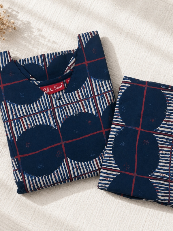 Navy Blue Printed Cotton Long Coord Set for Women | Long Top & Matching Pants