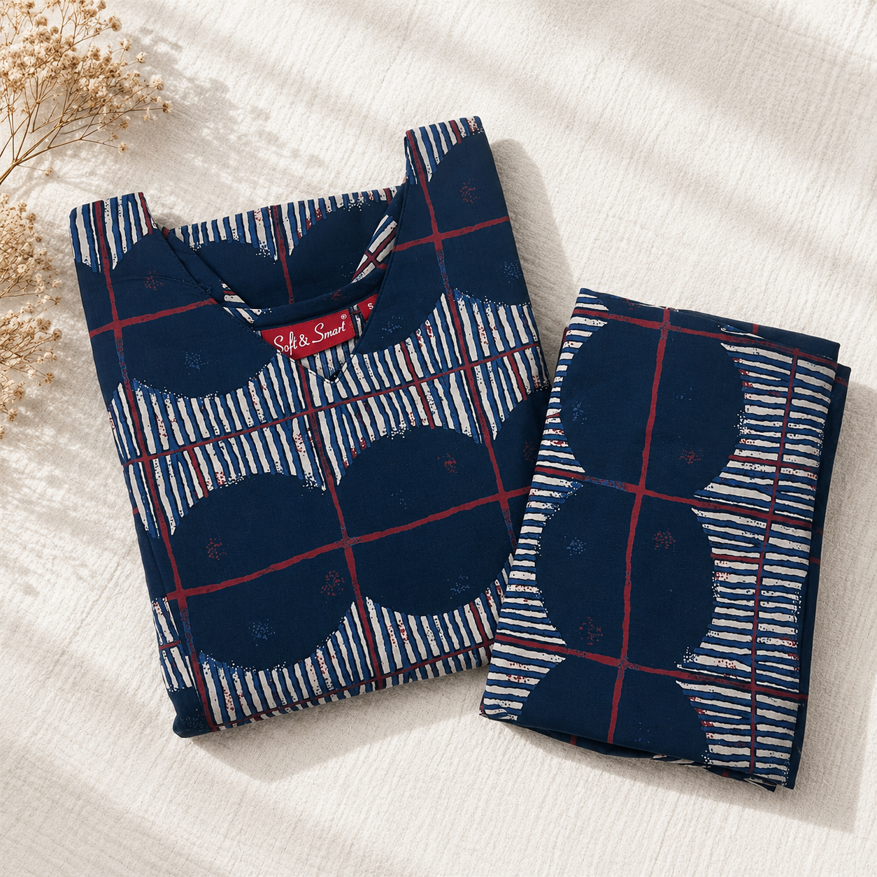 Navy Blue Printed Cotton Long Coord Set for Women | Long Top & Matching Pants