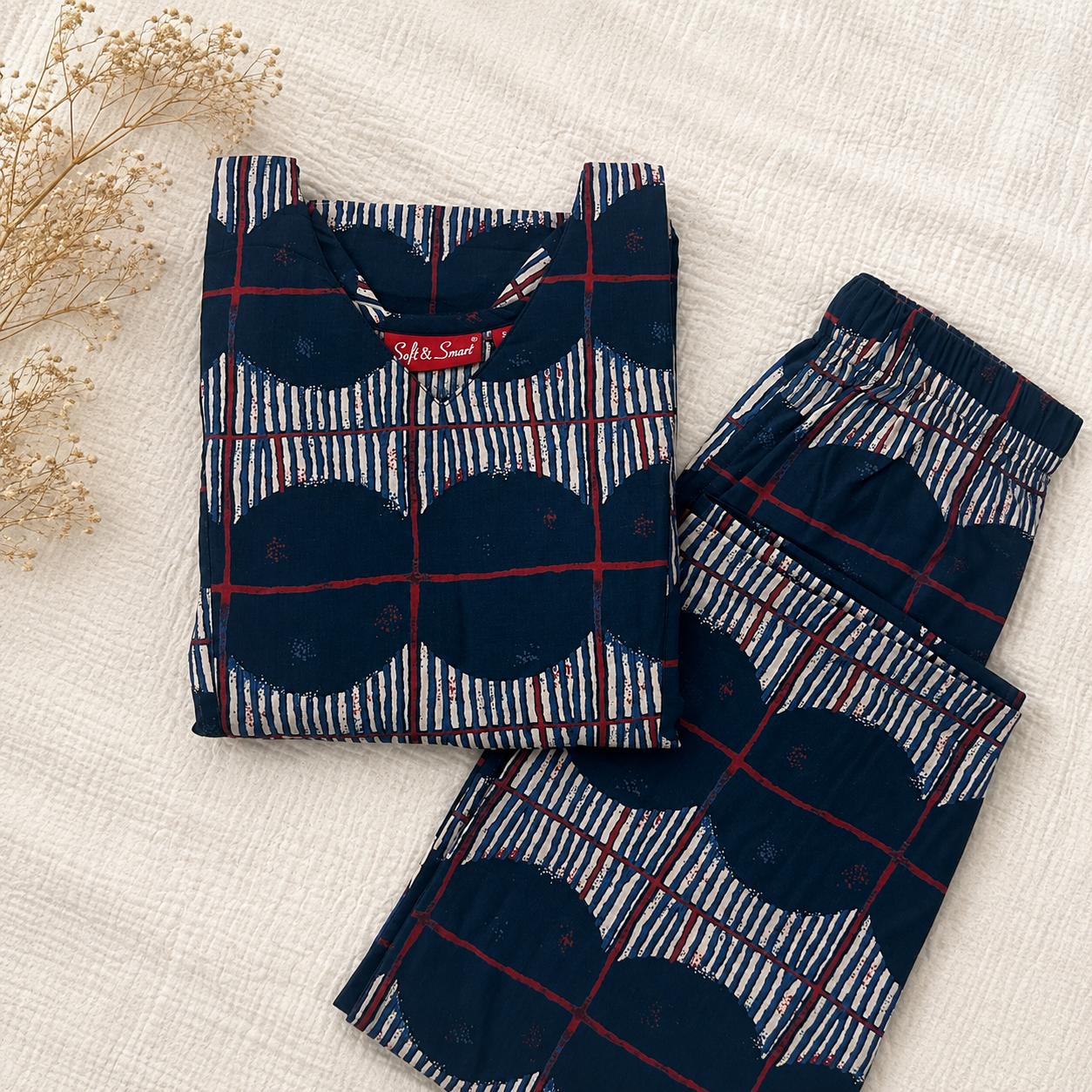 Navy Blue Printed Cotton Long Coord Set for Women | Long Top & Matching Pants - Image 3